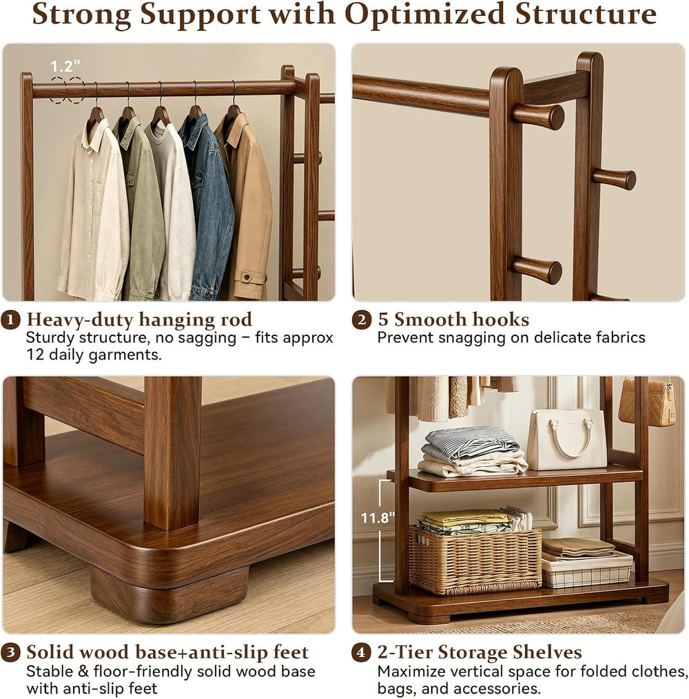 Taitiy Coat Rack Solid Wood Clothes Rack Storage, 2 Shelves 5 Hooks