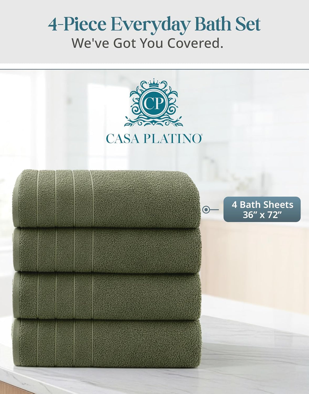 Casa Platino Large Bath Sheets 100% Cotton 4 Pack Quick Dry - Oil Green