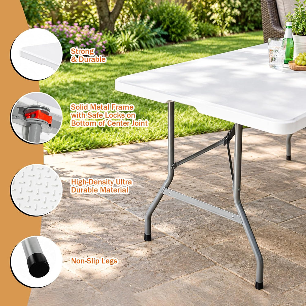 6FT Portable Folding Table, White Square Card Table with Carrying Handle &...