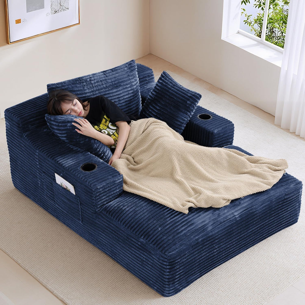 50" x 68" Corduroy Chaise Lounge, Cup Holders, Blue