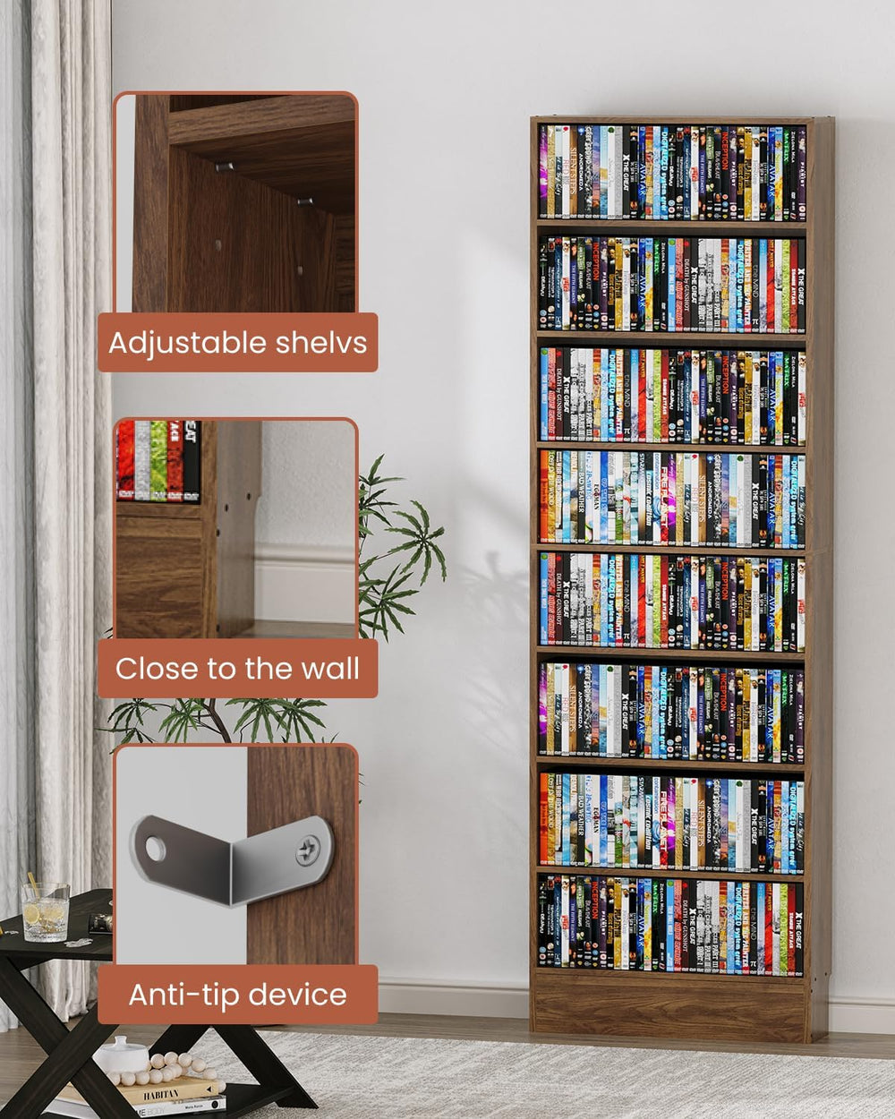8 Tier DVD Storage Shelf with Adjustable Shelves fits Over Baseboard