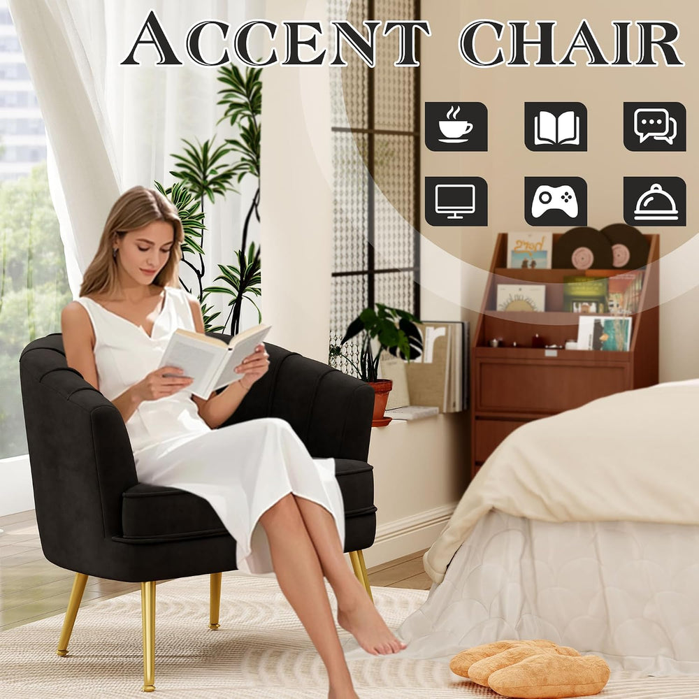 Andeworld Velvet Accent Chair, Barrel Armchair, Black