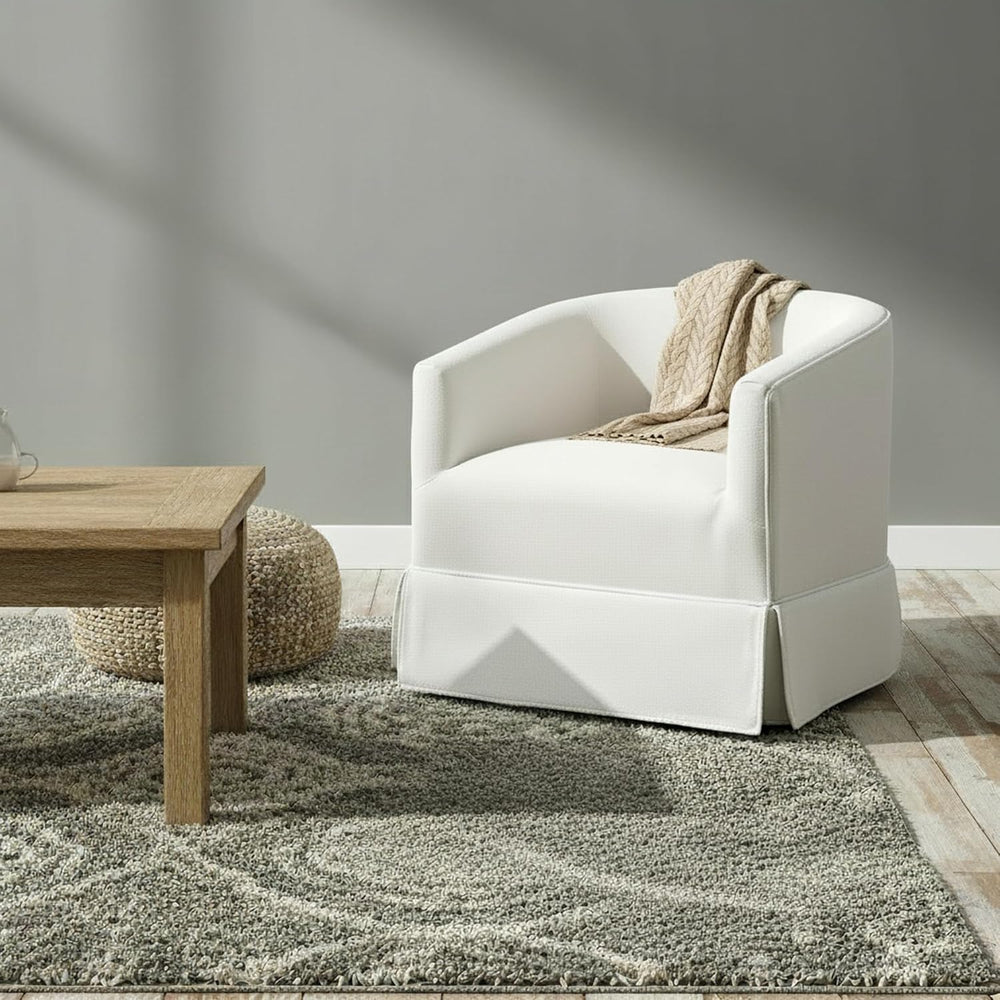 Swivel Accent Chair, Barrel Chair with Skirted Base, Cream White