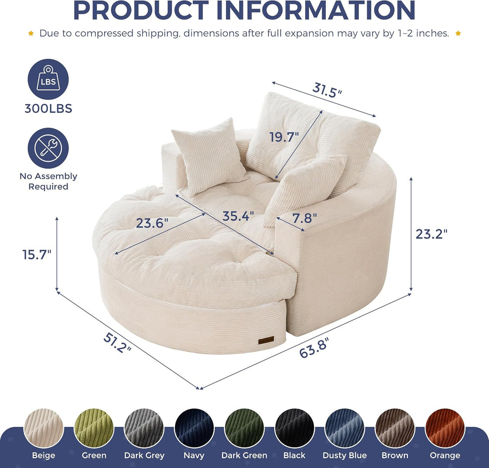 MAXYOYO Oversized Round Chaise Lounge Sofa, Boneless Chair with Ottoman