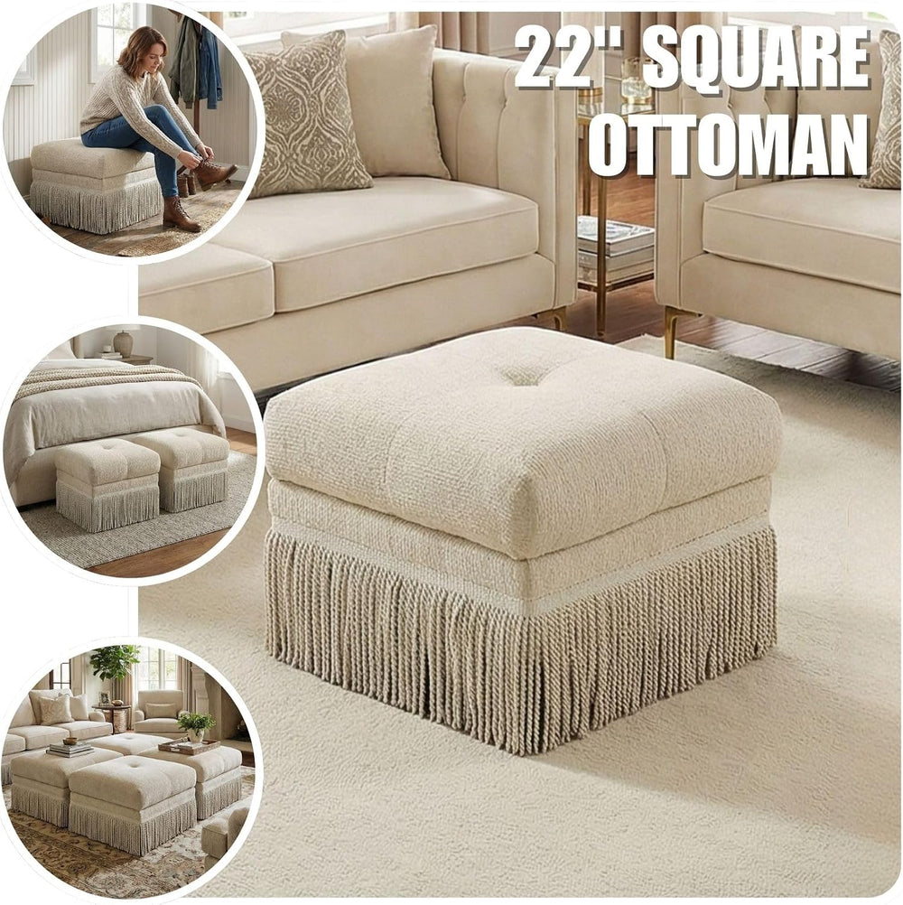 Hyfirm Upholstered Ottoman Footstool with Fringe Skirt, 21.5" Square