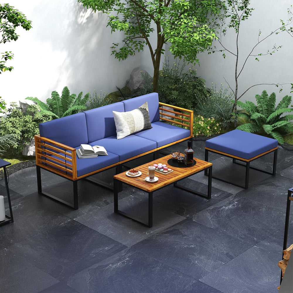 Tangkula 5 Pieces Patio Conversation Set, Acacia Wood Chair Set with Ottoman ...