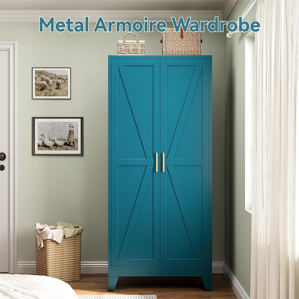 Metal Wardrobe Closet with Doors and Shelves, 71" Farmhouse Bedroom Armo...