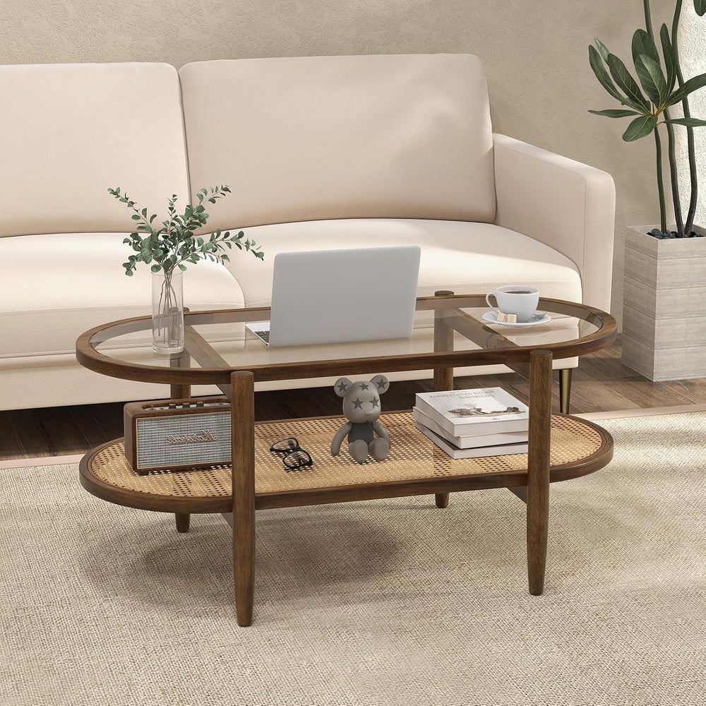 MAT EXPERT Rattan Coffee Table, 2 Tier Boho Oval Living Room Table w/Glass Ta...