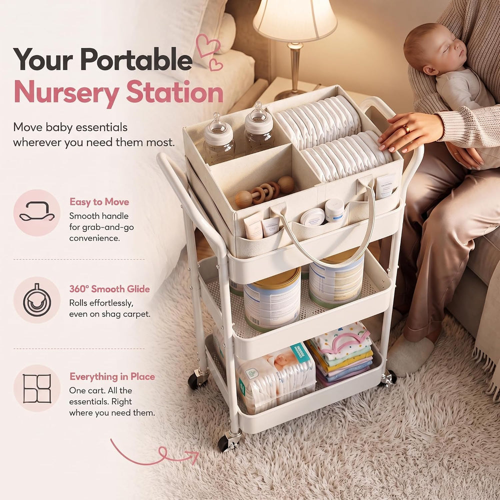 White 3 Tier Rolling Diaper Caddy Cart with Wheels,3in1 Detachable Dividers