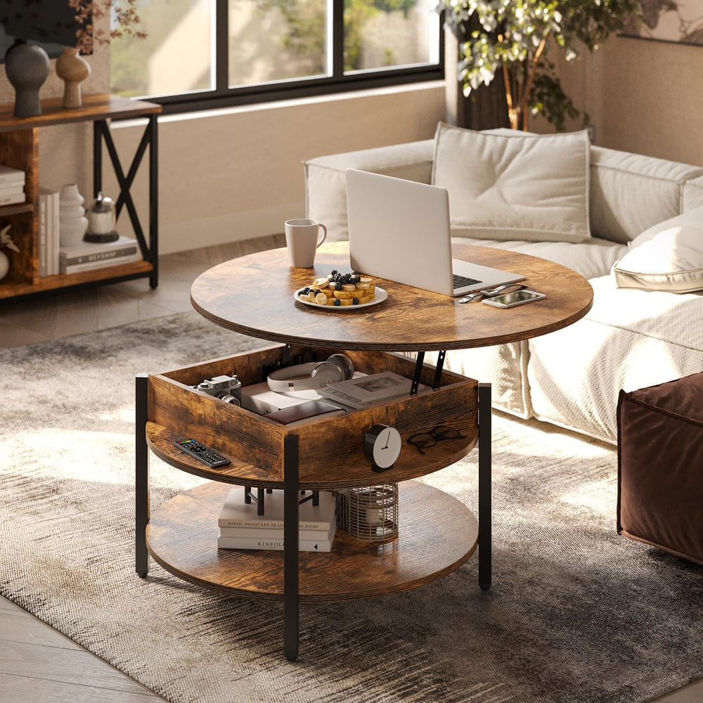 FABATO 26.77” Round Lift Top Coffee Table with Storage, Rustic Brown
