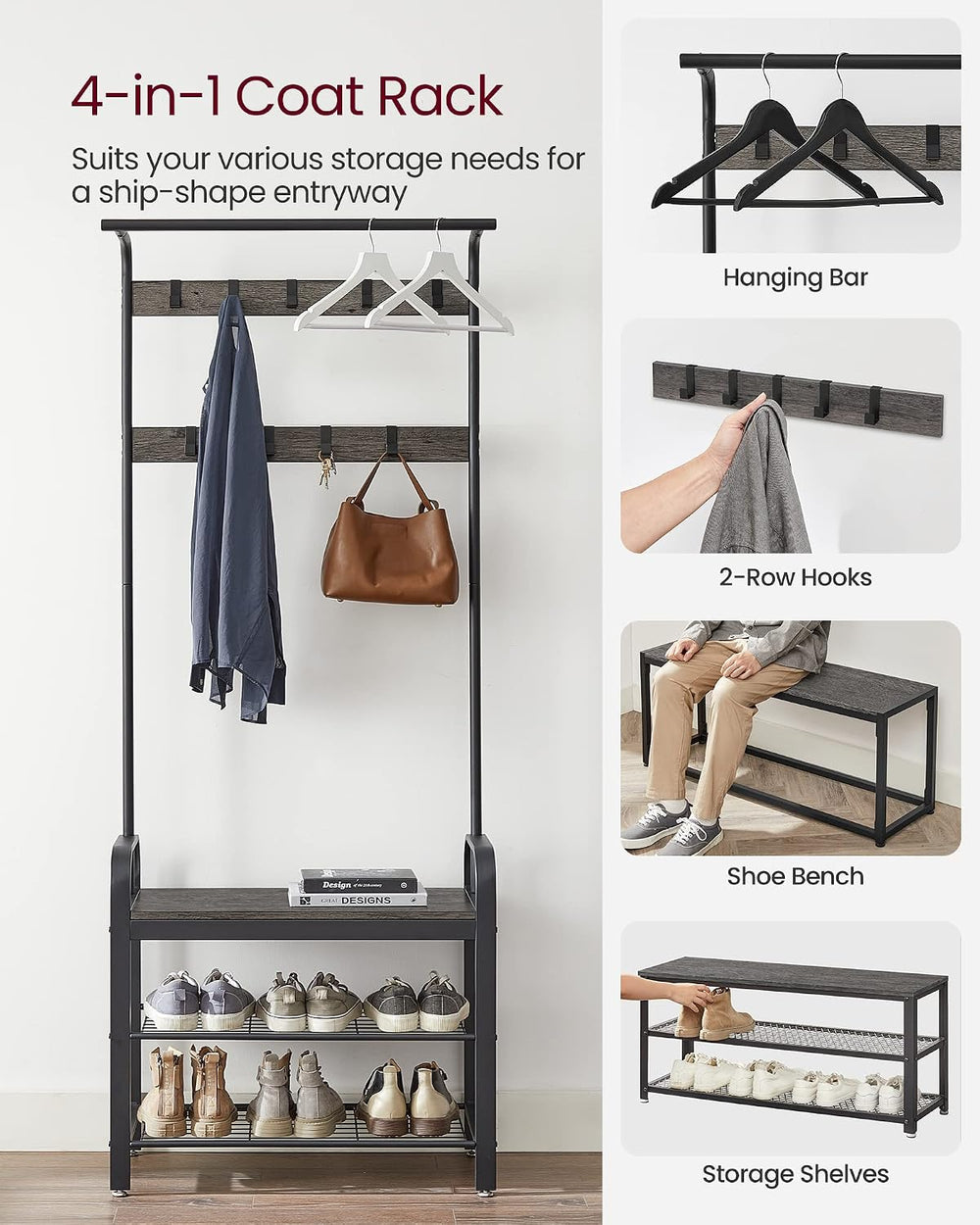 VASAGLE Coat Rack, Hall Tree with Shoe Bench, 4-in-1, 9 Removable Hooks