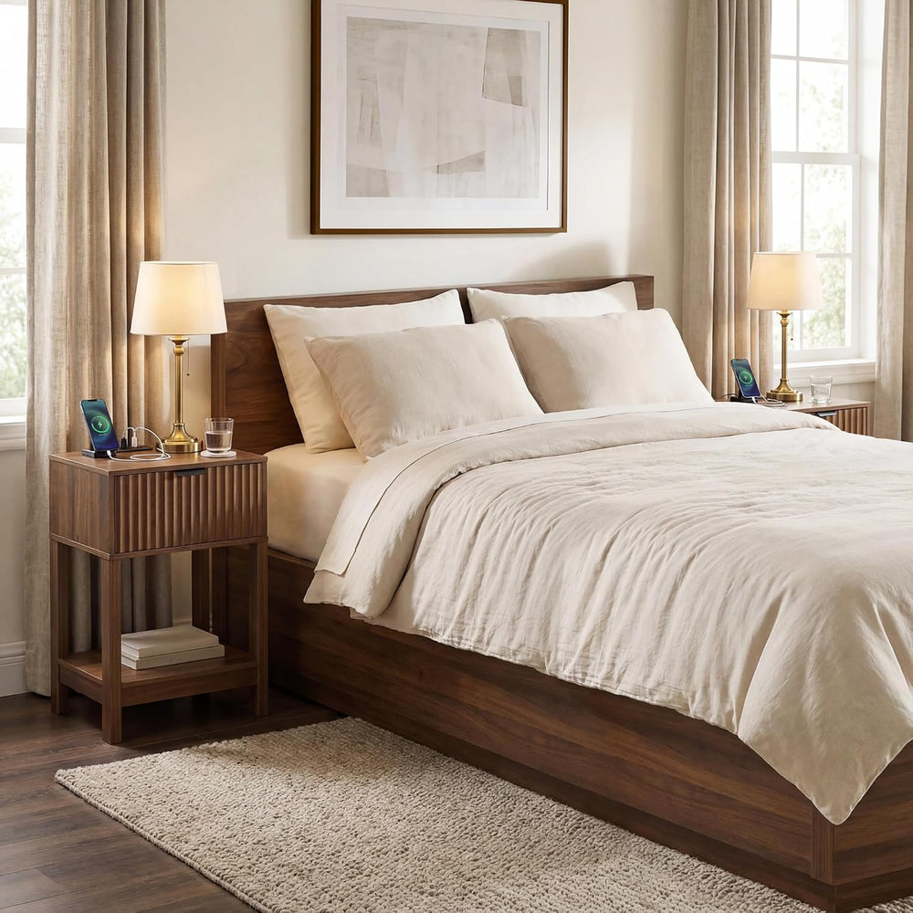 Nasonet Night Stand Set 2, Fluted Nightstand with Charging Station, Wood Beds...