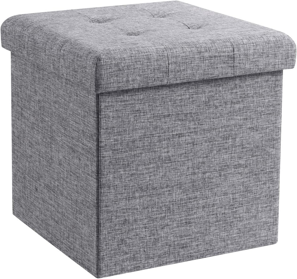 Ornavo Home 15 Inch Folding Storage Ottoman Cube, Tufted Linen, Gray