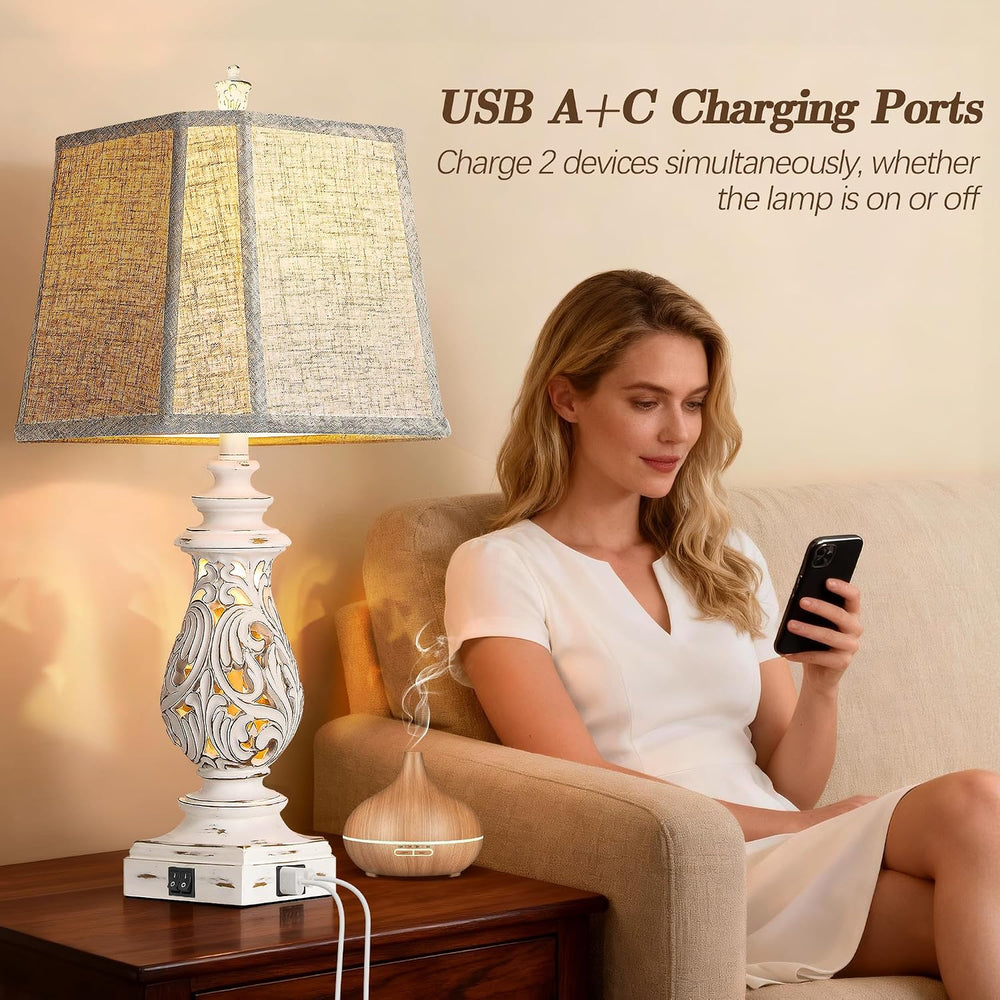 PARTPHONER 29" Table Lamps Set of 2, Bedside Lamps with USB A+C Ports &a...