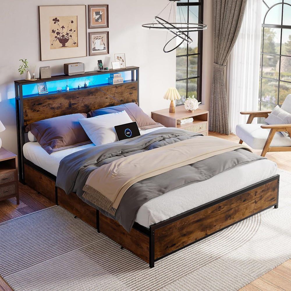 Forestell Full Size Bed Frame with 2-Tier Storage Headboard & 6 Drawers