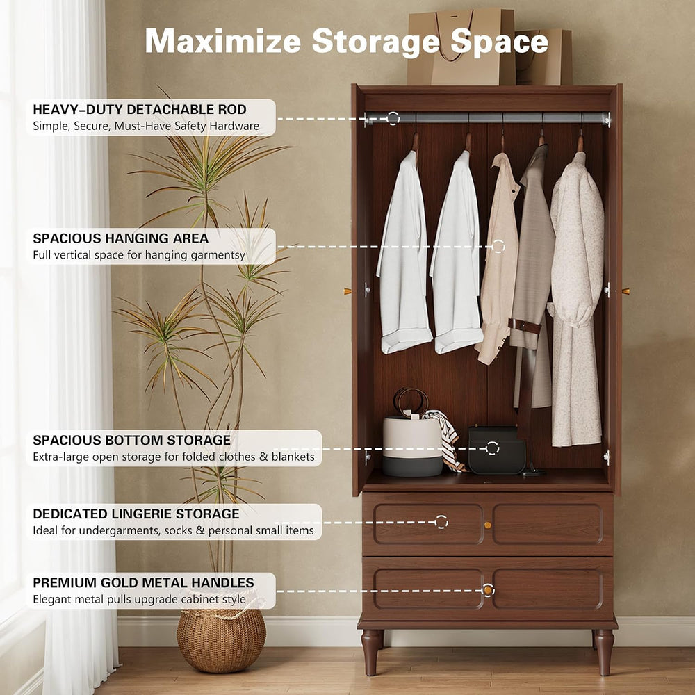 HLR 71" Wardrobe Closet Mid-Century Modern Style,Brown