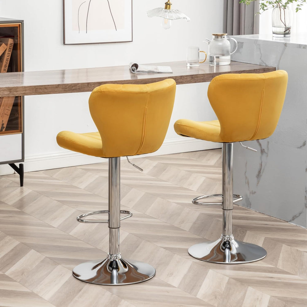 Roundhill Furniture Ellston Velvet Adjustable Swivel Barstools in Yellow, Set...