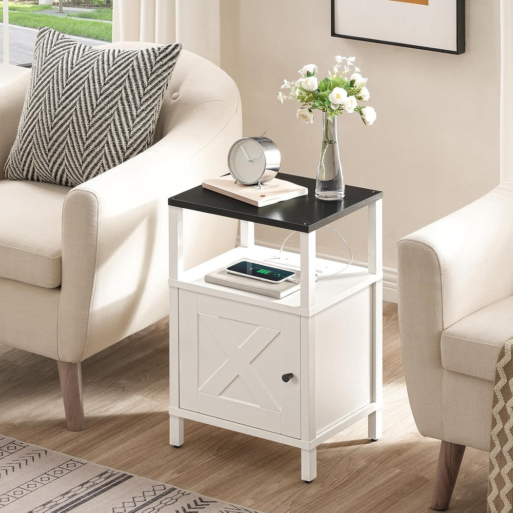 MAHANCRIS Set of 2 Farmhouse Nightstand with Charging Station, Night Stand En...