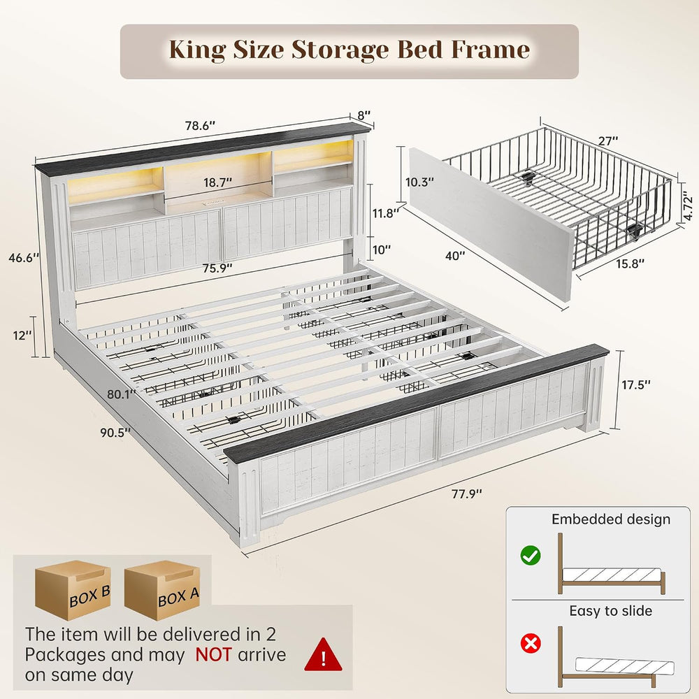 EnHomee King Size Bed Frame and Headboard & 4 Storage Drawers,White