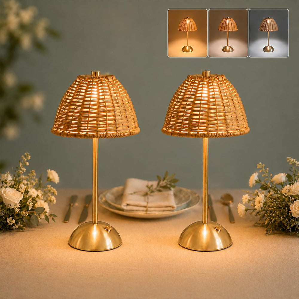 2 Pack Boho Rattan Table Lamp, Cordless Rechargeable Reading Night Light