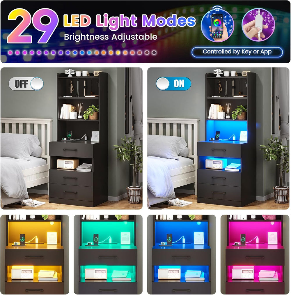 AOGLLATI Tall Night Stand Set of 2 with Charging Station and LED Lights, Blac...