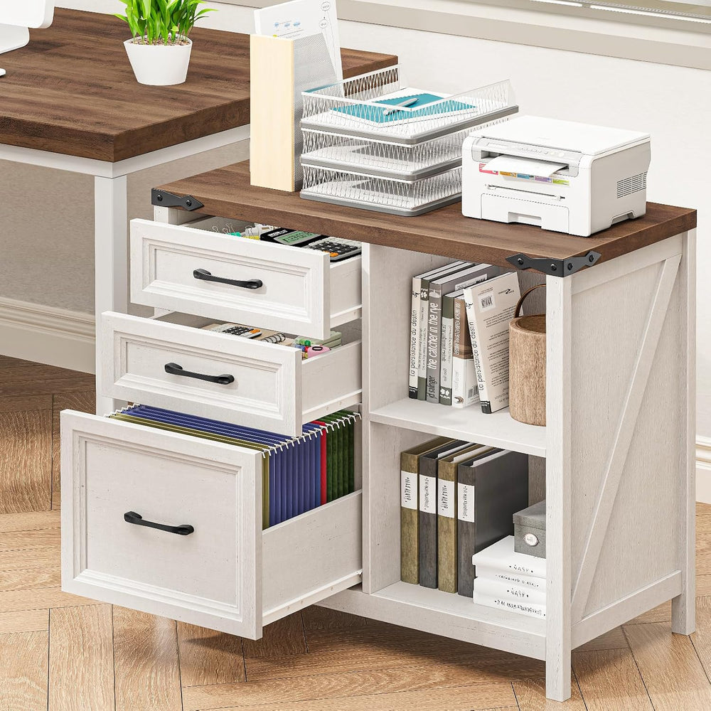3 Drawers Farmhouse File Cabinet with Shelves, Rustic White and Brown