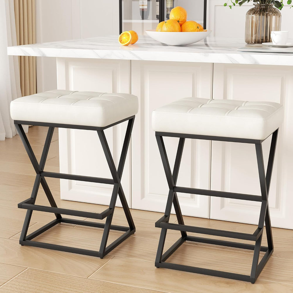 Bar Stools Set of 2, 26" Leather Counter Height Bar Stools, Beige