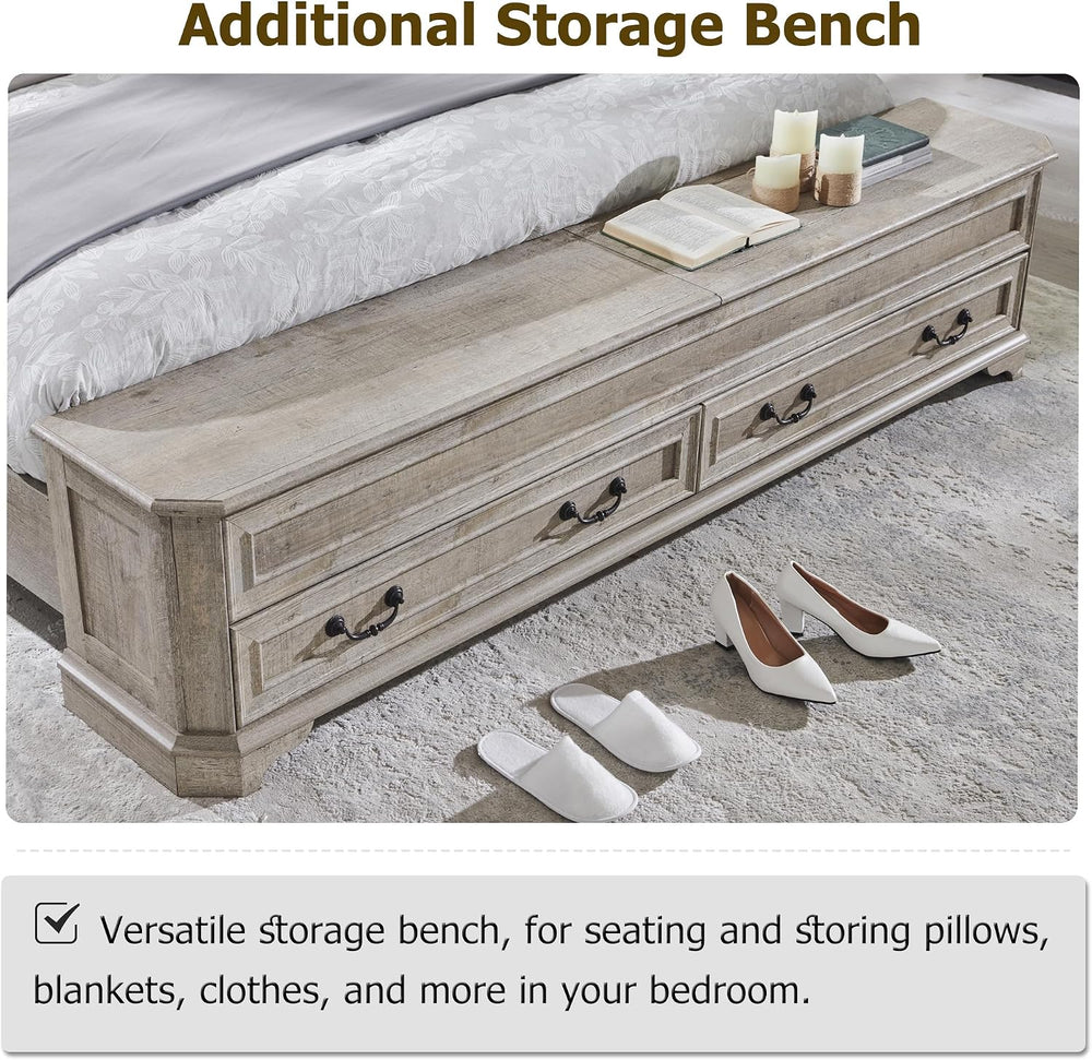 T4TREAM Farmhouse Queen Bed with Headboard and Storage Bench