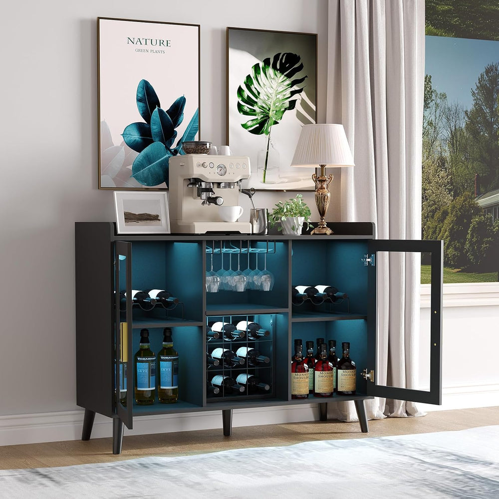 Garvee Modern Wine Bar Cabinet with LED Light, Wood Kitchen Coffee Bar Home L...