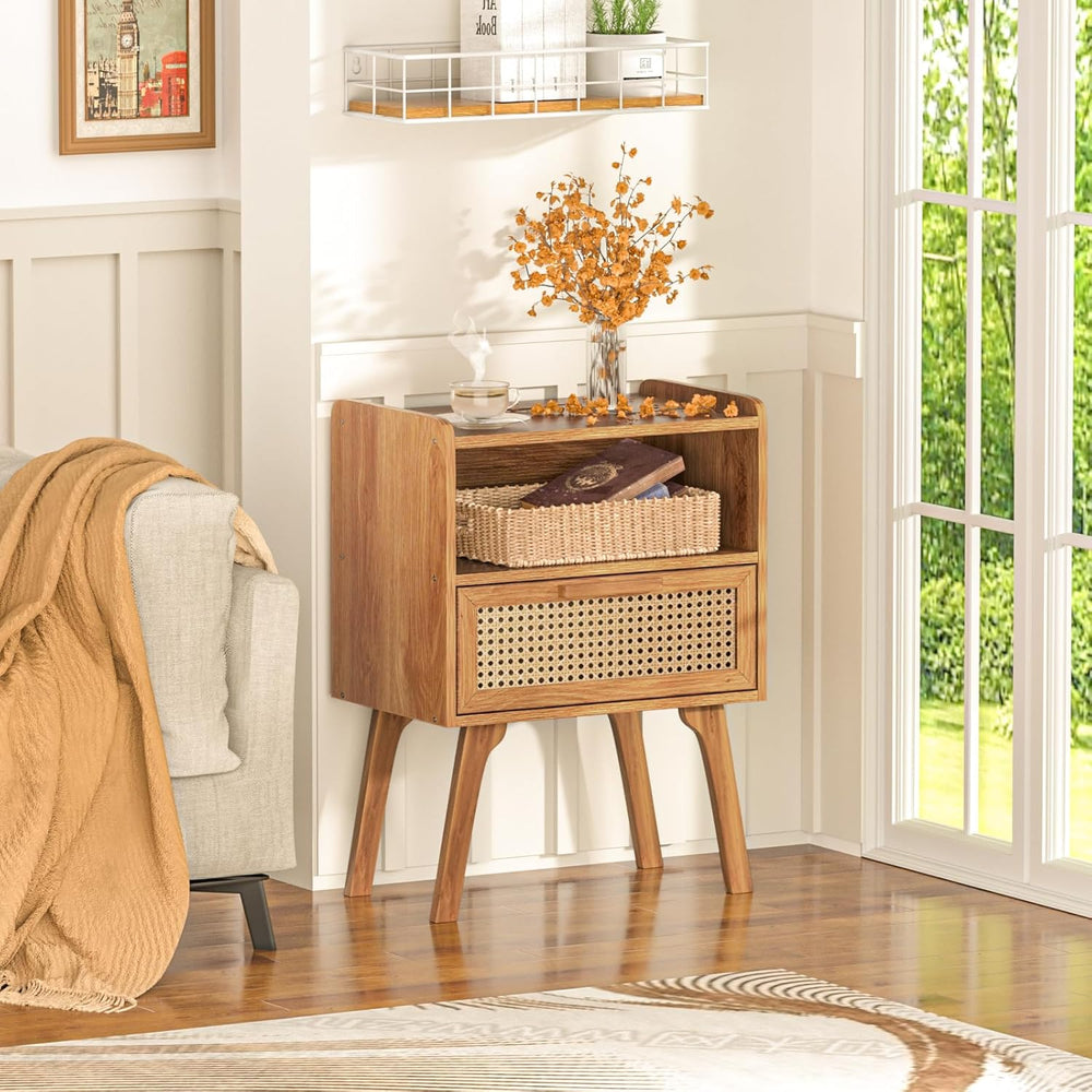 Lerliuo Rattan Nightstand, Side Table with Drawer Open Shelf