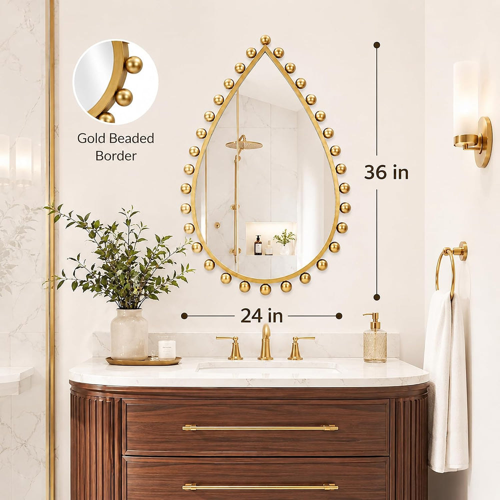 24x36 inch Teardrop Wall Mirror, Antique Gold Beaded Ball Frame
