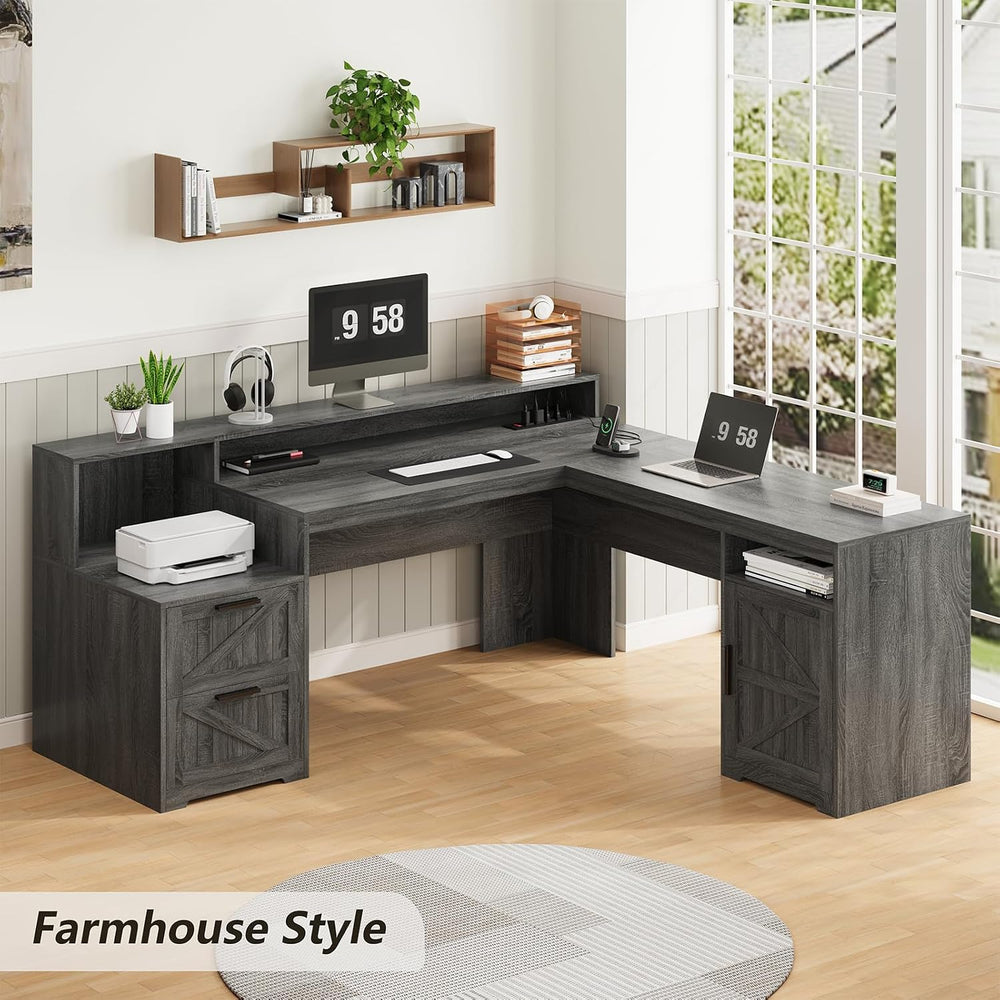 63" Farmhouse L Shaped Desk with Drawers & Printer Shelf for Home Of...