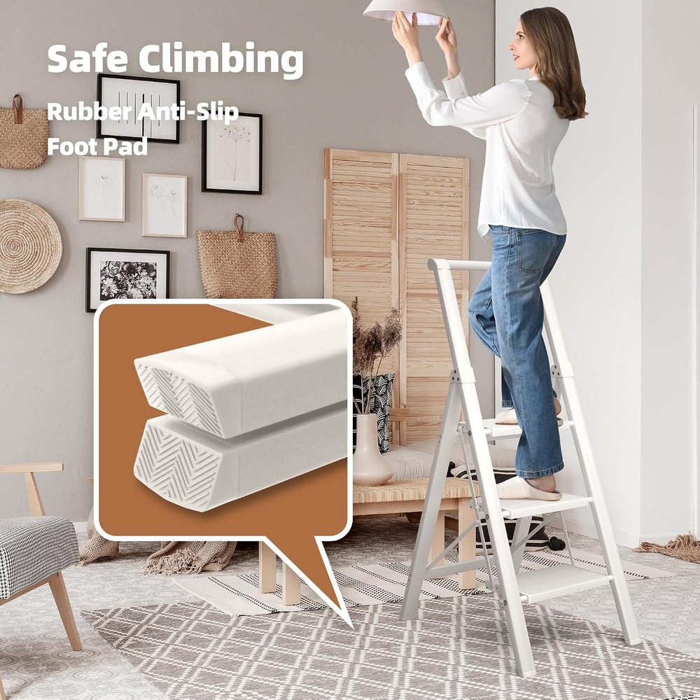 HillhutApex Aluminum 3 Step Ladder, Step Stool Foldable Ladder(White)