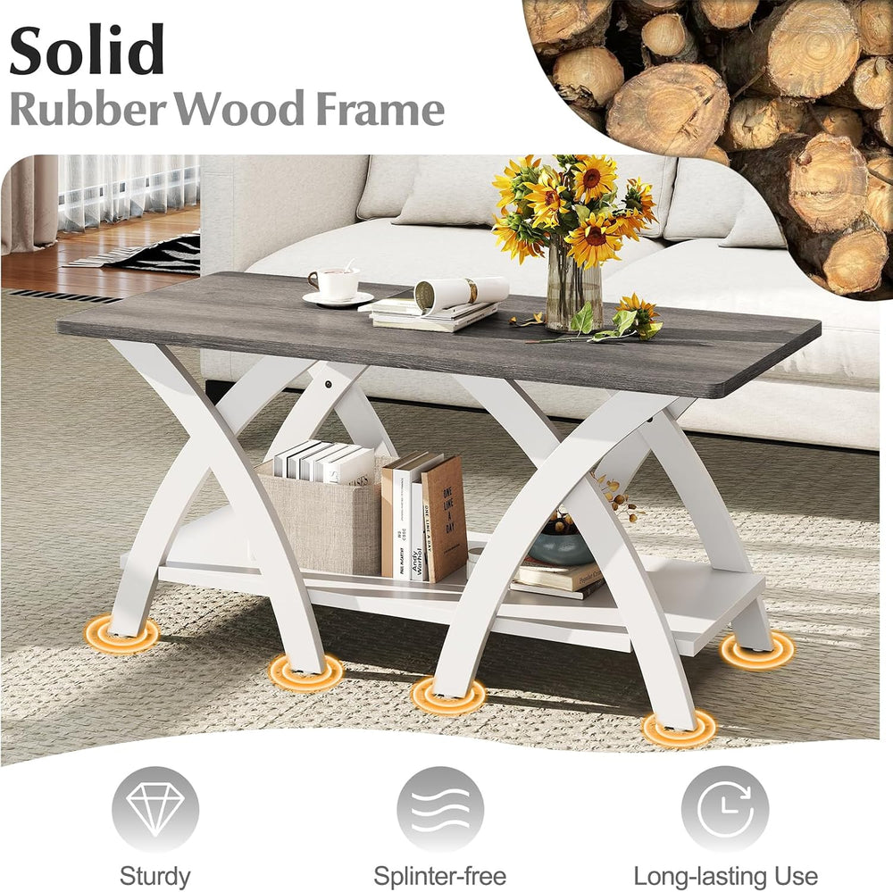 GIANTEX Farmhouse Coffee Table, 2-Tier Wood Center Table with Storage Shelf &...