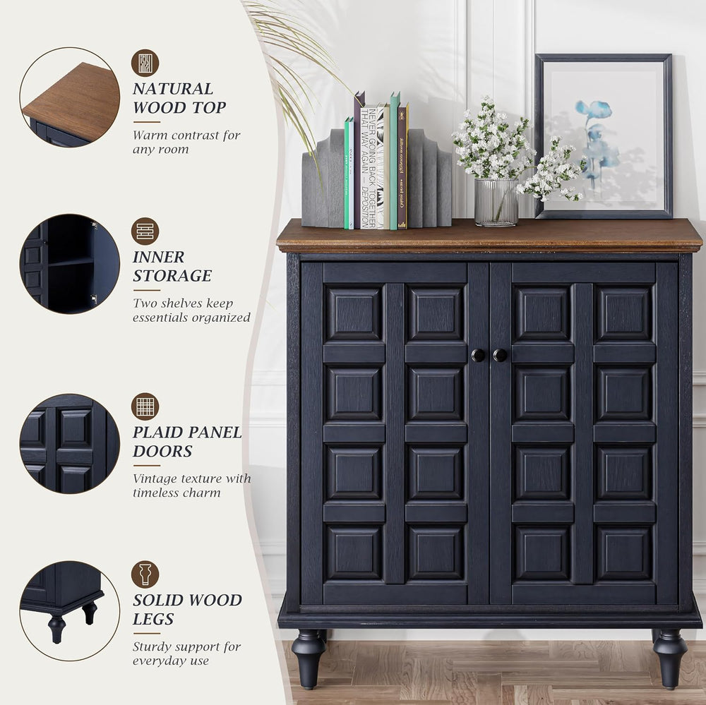 Aoikax Retro 2 Door Storage Cabinet, Dark Blue, Natural Wood