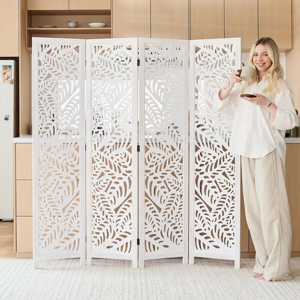 Leaf-Carved Room Divider Privacy Screen - 67 Inch Tall Foading Decorative Woo...