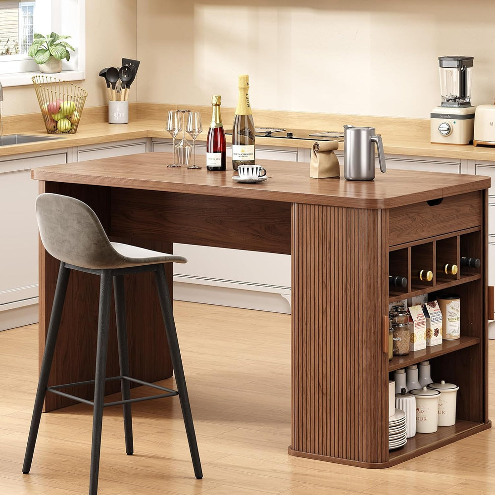 ONBRILL 61 Inch Fluted Kitchen Island with Storage Walnut