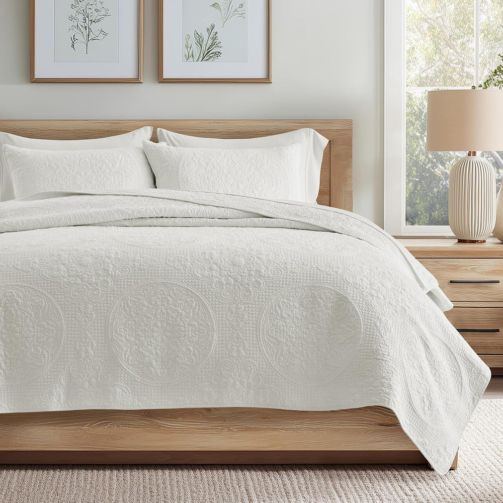 EverGrace 100% Cotton Medallion Stitch Quilt Set, King Size, Bright White
