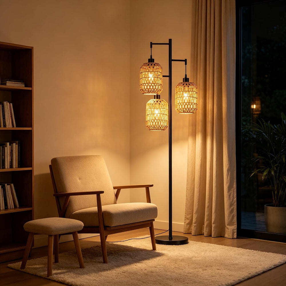QIYIZM Floor Lamp for Living Room,Bedroom,3-Lights Boho Rattan Tree Floor Lig...