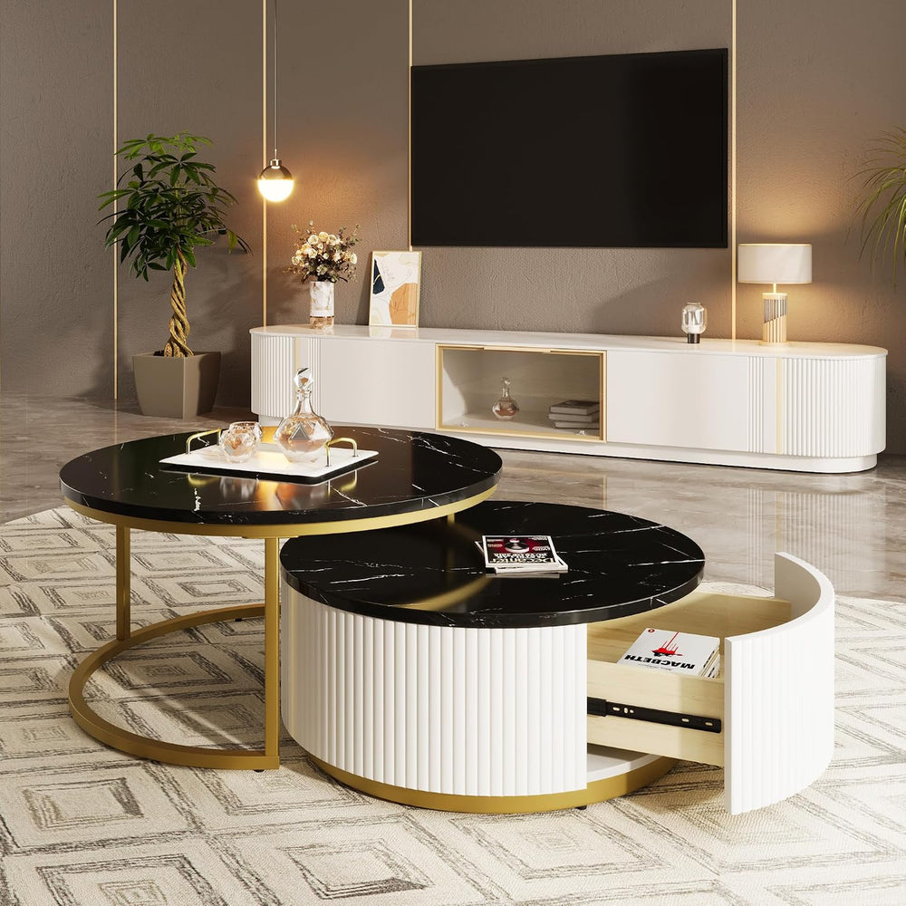 Modern Round Nesting Coffee Table Fluted with Drawer in Black & Gold in 3...
