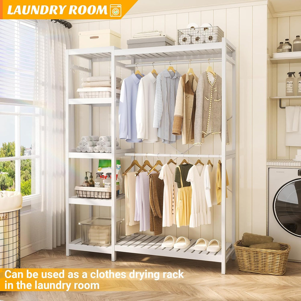 Homykic Bamboo Clothing Rack with 7 Adjustable Shelves, 2 Hang Rods, White
