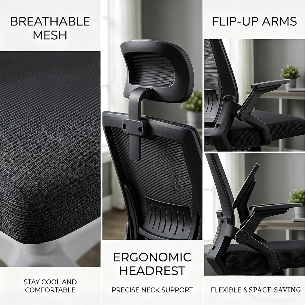High Back Mesh Office Chair Small Desk Chairs with Flip-up Armrests,Black