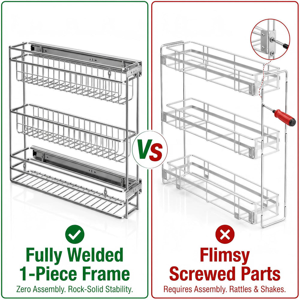 JOWBOOW Side Mount 3-Tier Pull Out Spice Rack, 4" W, Frameless Cabinet ONLY