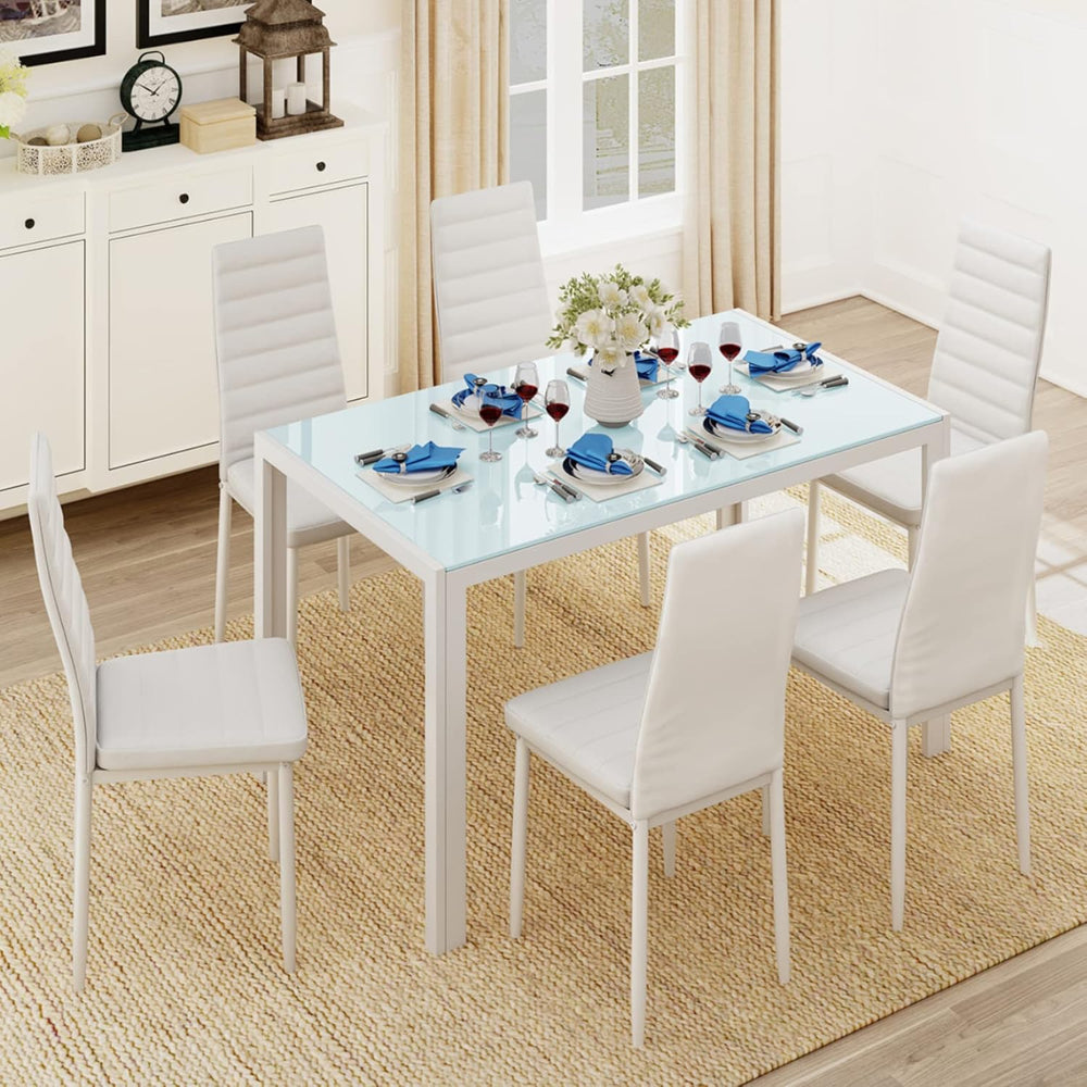 Gizoon White 7 Piece Glass Dining Table Set, Kitchen Table and Chairs Set