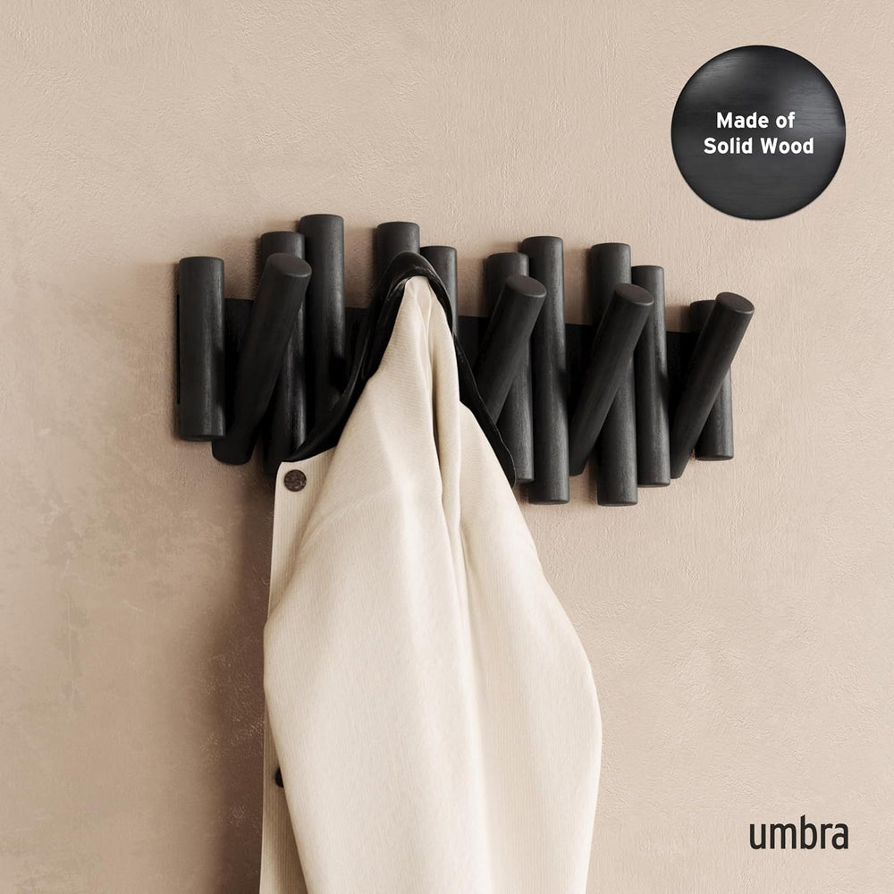 Umbra Picket Wall-Mounted Coat Rack Rail Hook with 5 Retractable Wood Pegs – ...