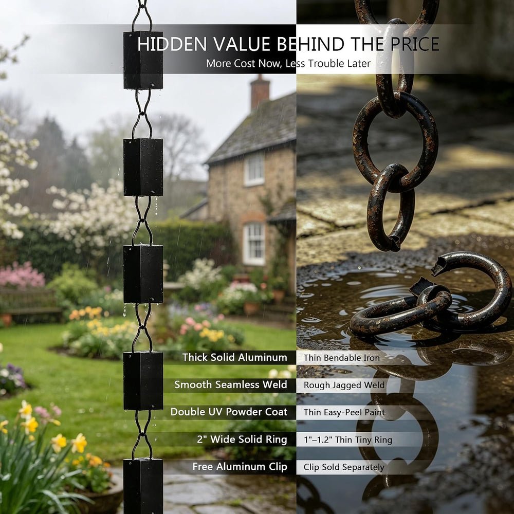 8.5 ft Aluminum Rain Chain for Gutters Outside, Big Square Cup
