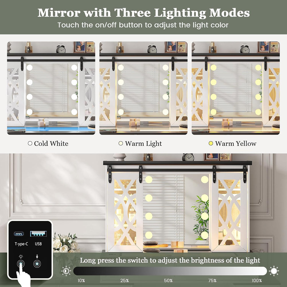 TAGELIER Farmhouse Large Makeup Vanity with Mirror & Lights