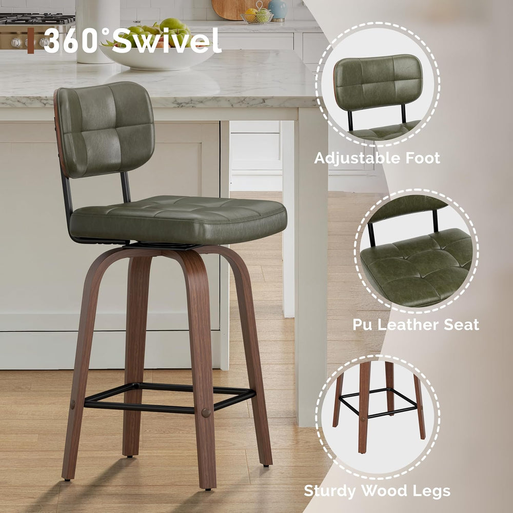 Bar Stools Set of 2 Swivel Counter PU Leather, Deep Green