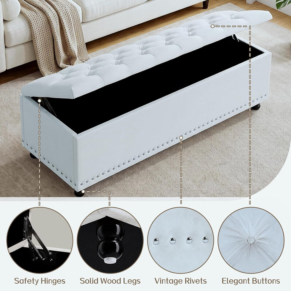 51" Storage Ottoman Bench with Wooden Legs & Soft-Close, White-Gray