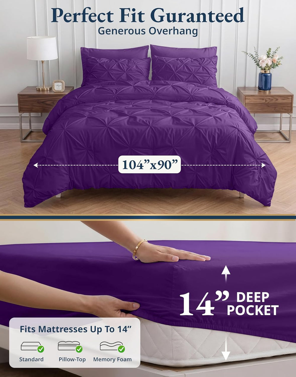 LANE LINEN 7 Piece California King Comforter Microfiber All Season - Purple